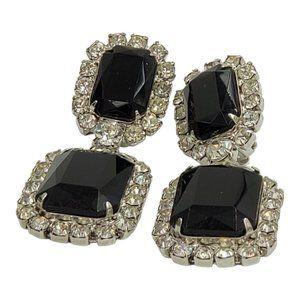 Kirks Folly Rhinestone Clip Dangle Earrings Silver Tone Black Clear Signed